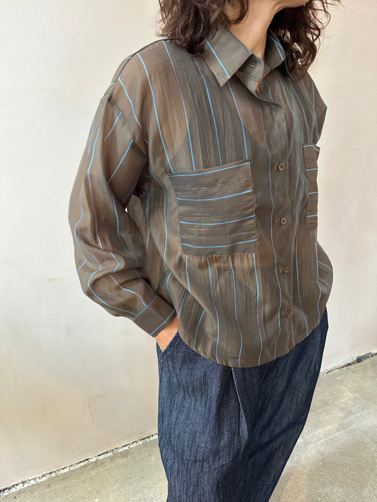 Silk mix vertical stripe shirts -Brown-