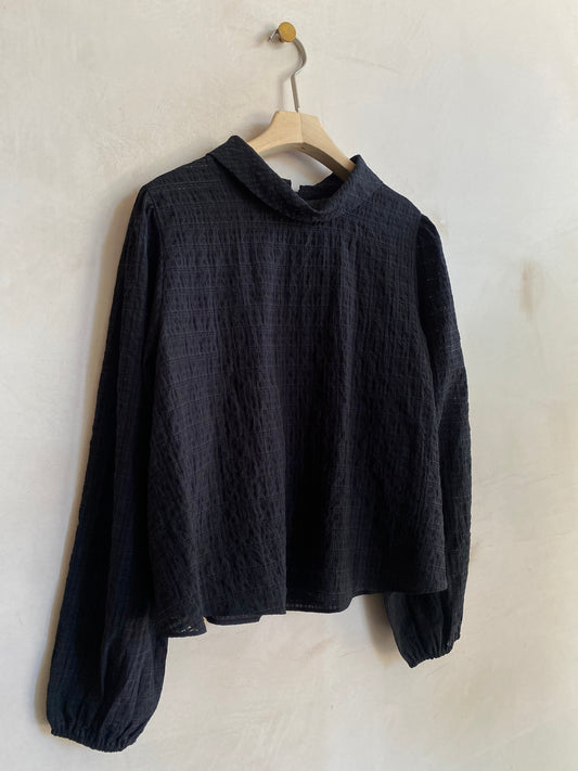 Check lace high neck top -Charcole-