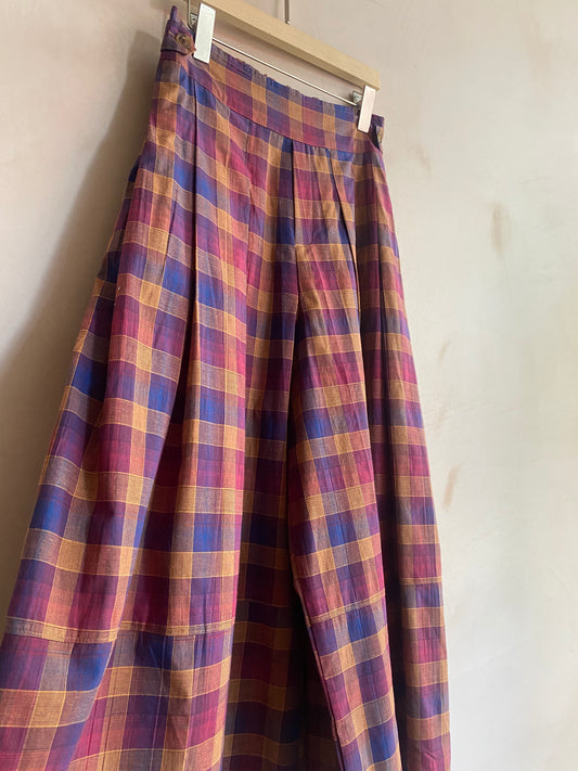 Light weight check long wide trousers -Orange-