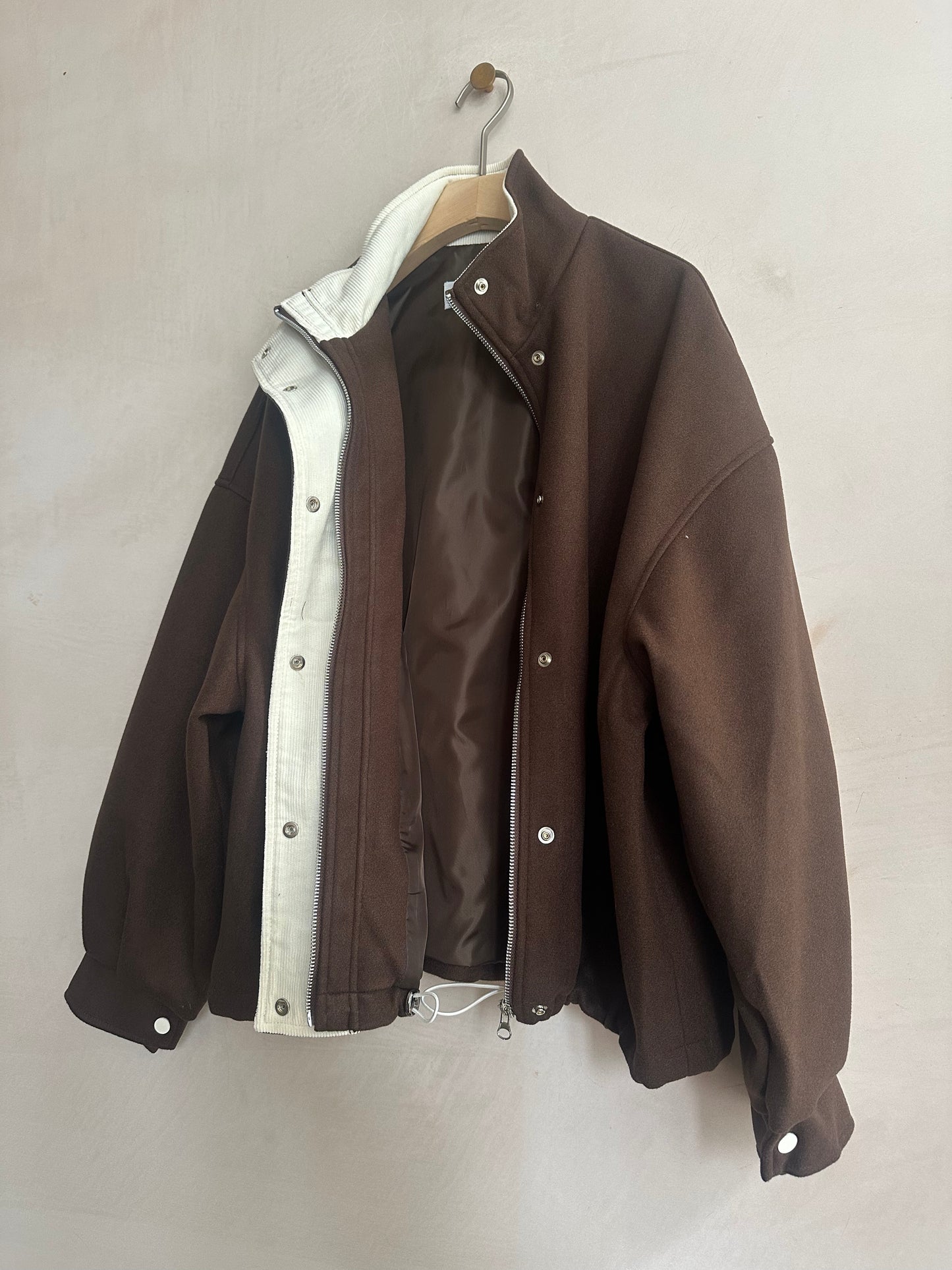 White Corduroy Collar Zip Up JK -Brown-