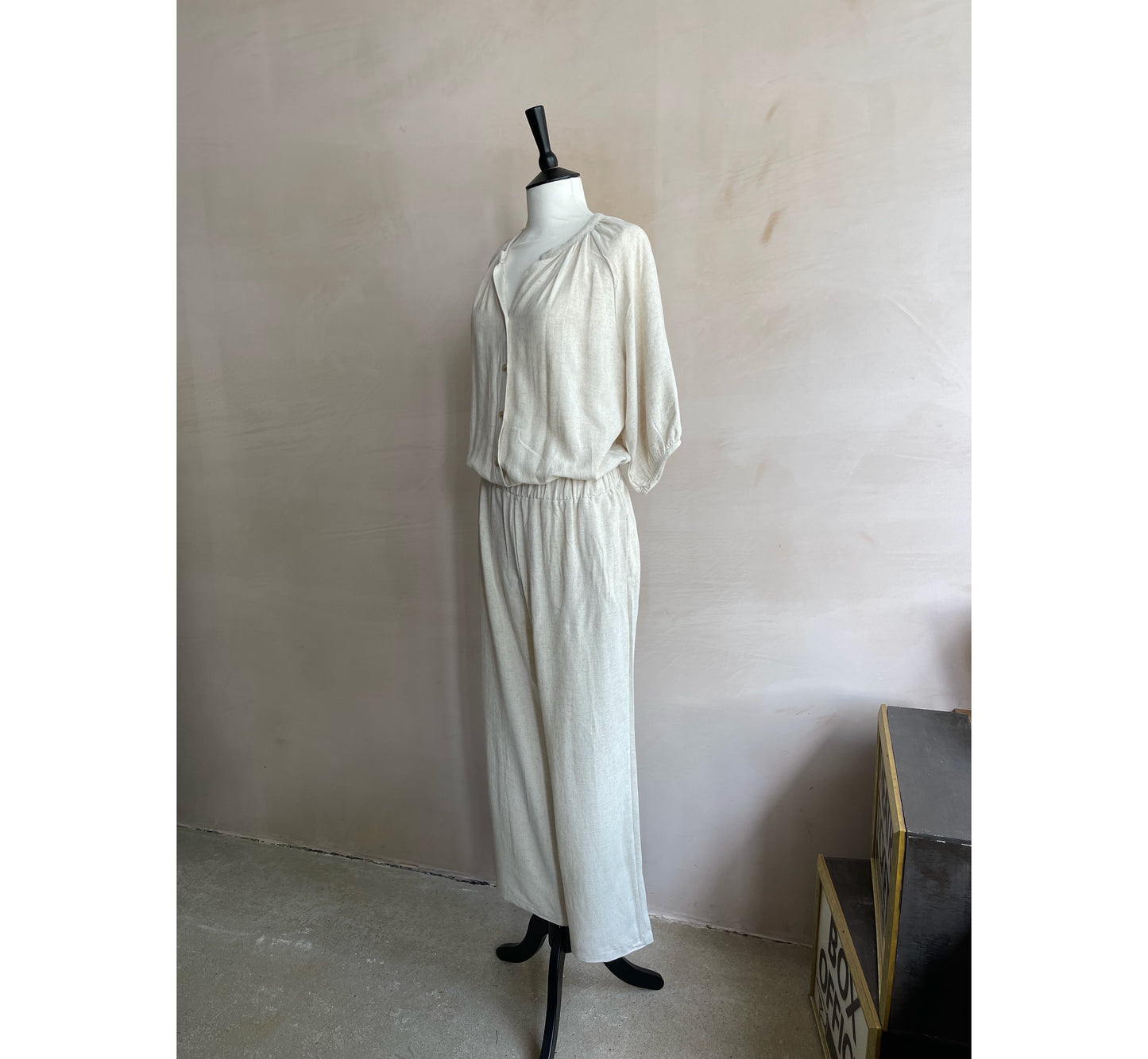 Linen Shirring Long Jumpsuits - Beige -