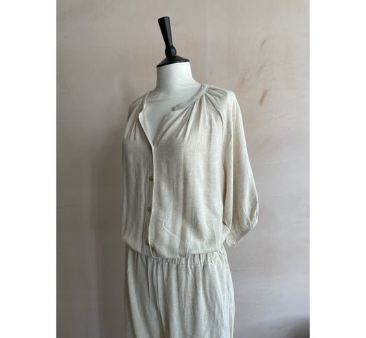 Linen Shirring Long Jumpsuits - Beige -