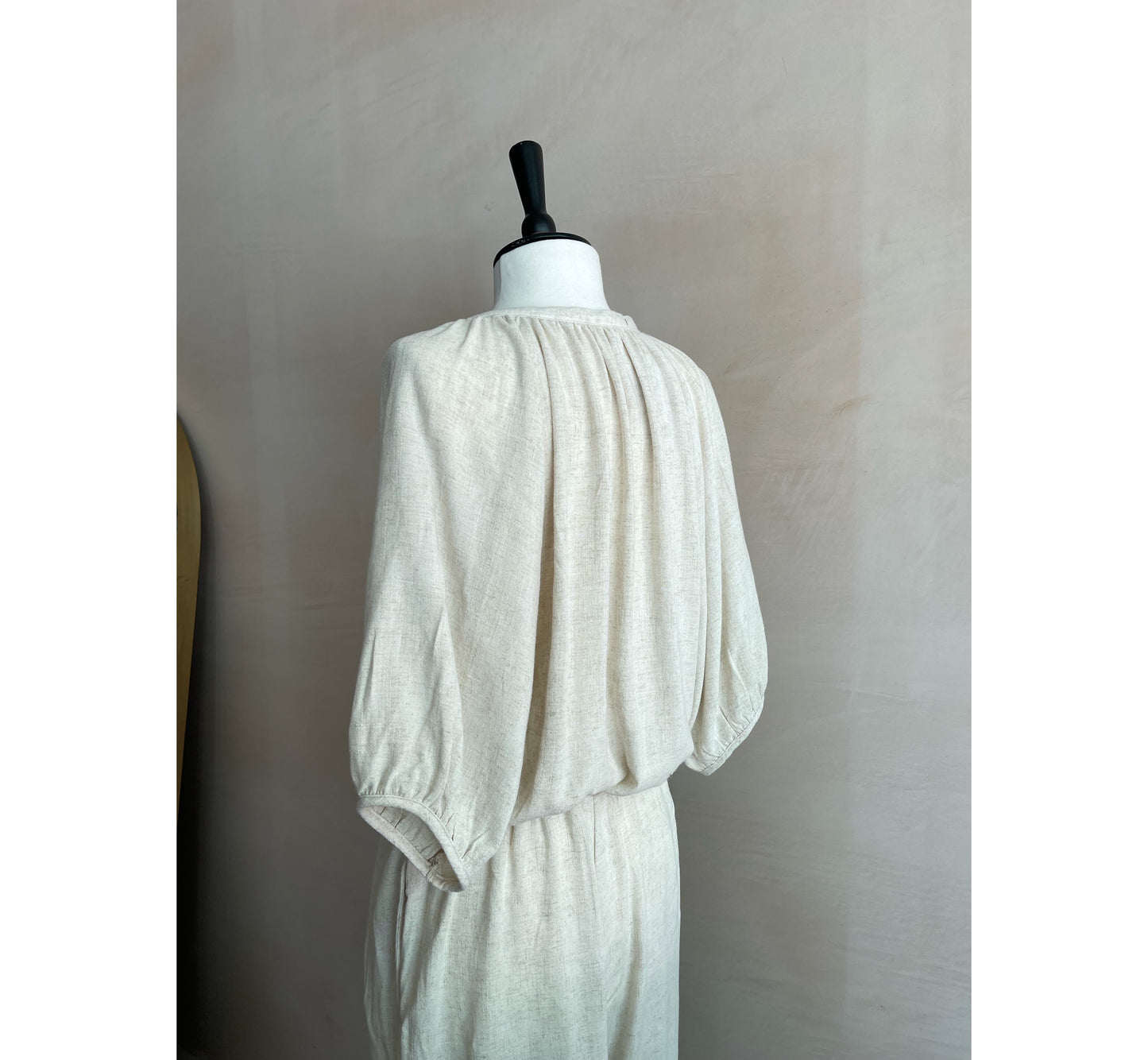 Linen Shirring Long Jumpsuits - Beige -