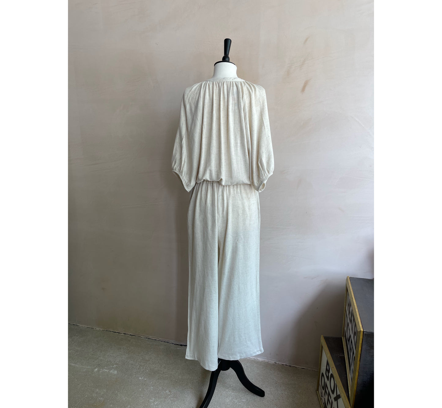 Linen Shirring Long Jumpsuits - Beige -