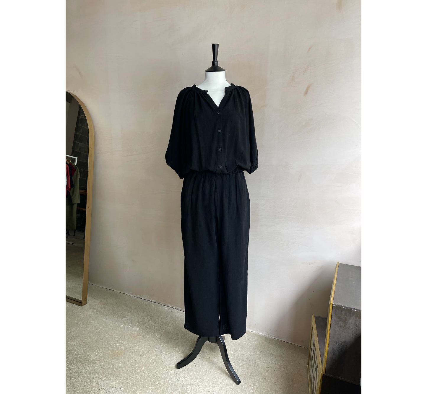 Linen Shirring Long Jumpsuits - Black -