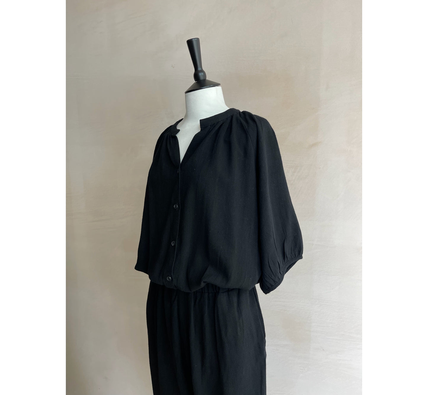 Linen Shirring Long Jumpsuits - Black -