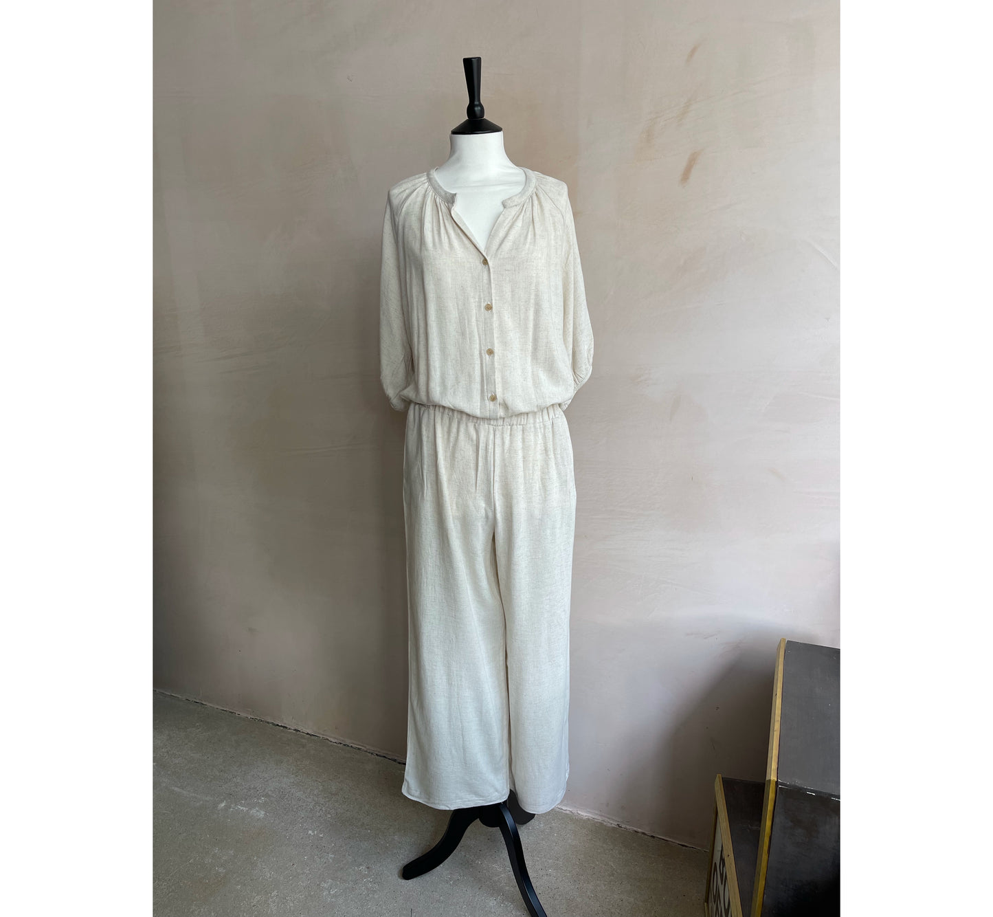 Linen Shirring Long Jumpsuits - Beige -