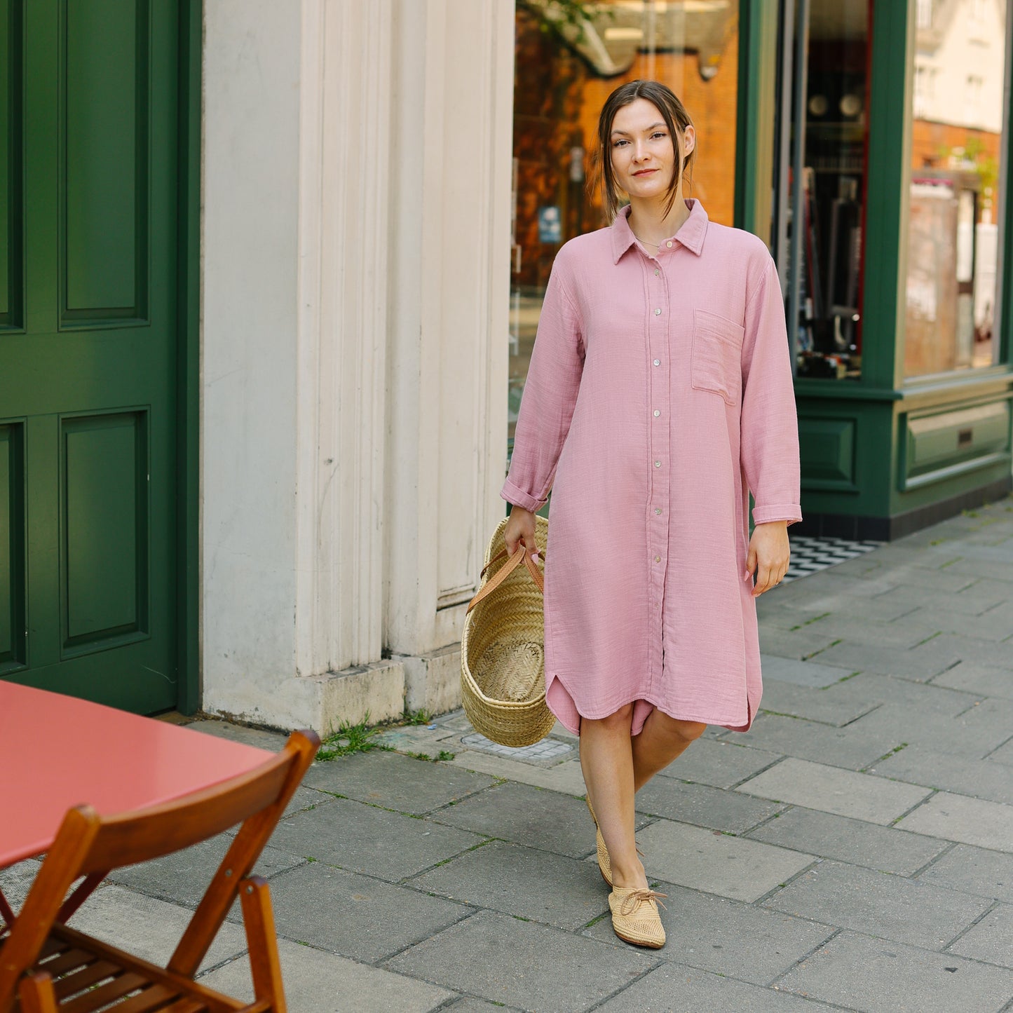 Textured Cotton B.D. Dress -Pink-