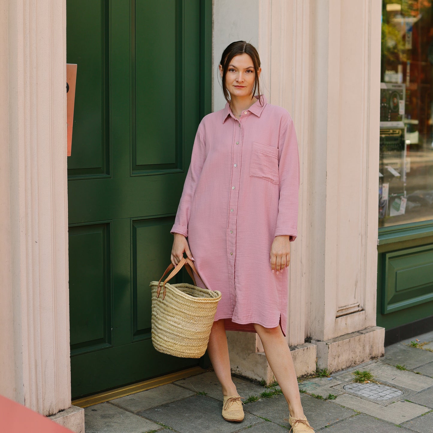 Textured Cotton B.D. Dress -Pink-