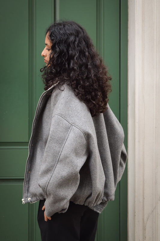 White Corduroy Collar Zip Up JK -Grey-