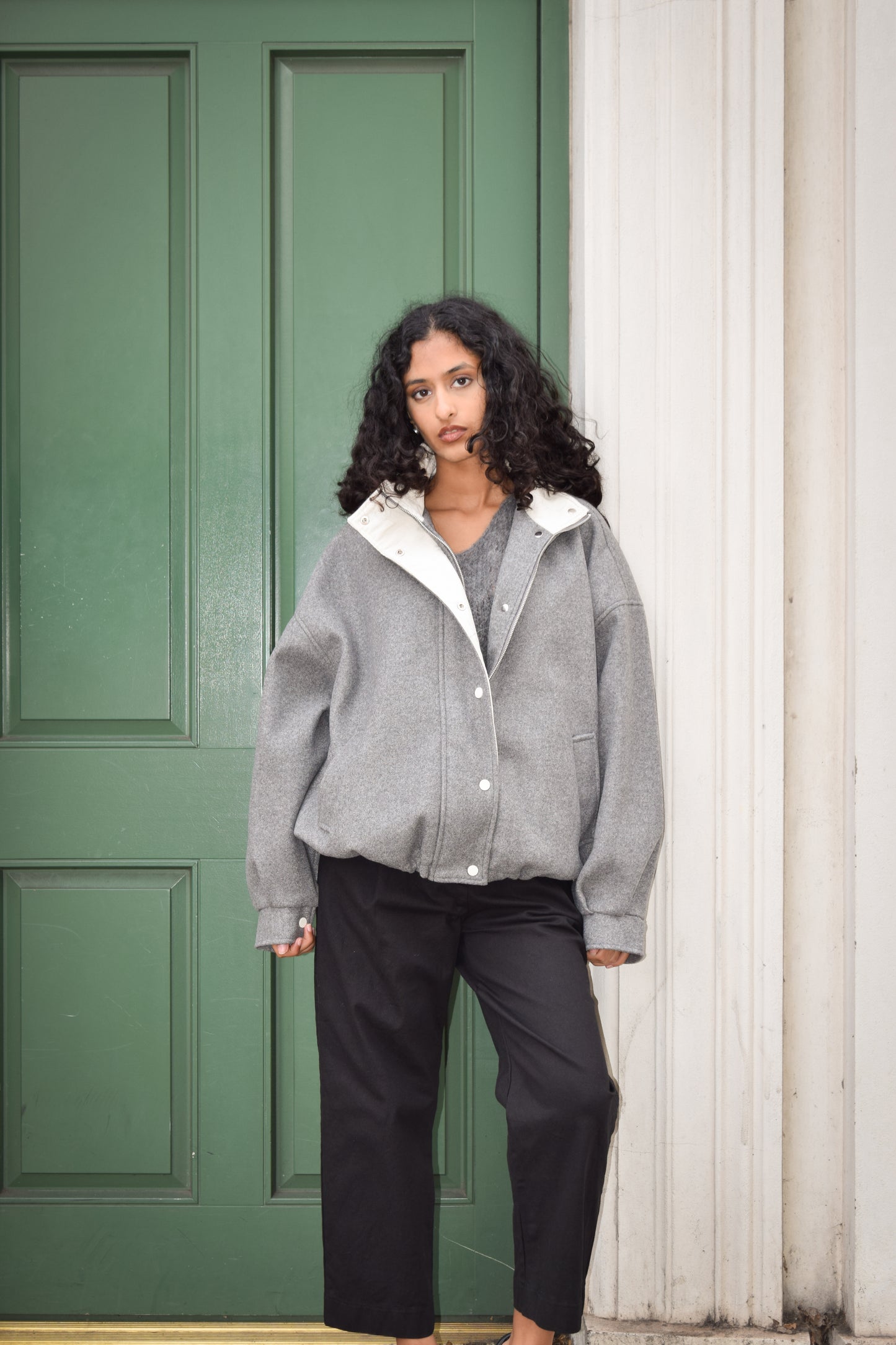 White Corduroy Collar Zip Up JK -Grey-