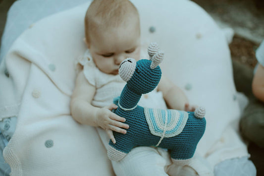 Crochet Baby Toy Pull along - llamas petrol blue