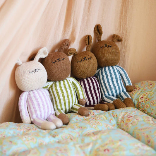 Hand knitted striped bunny toy: Berry