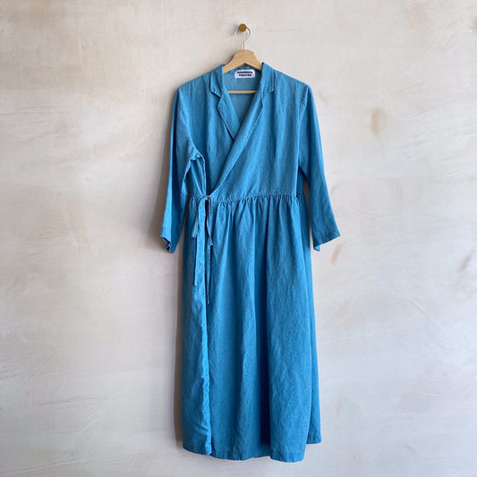 Wrap ribbon long sleeve midi dress -Blue-