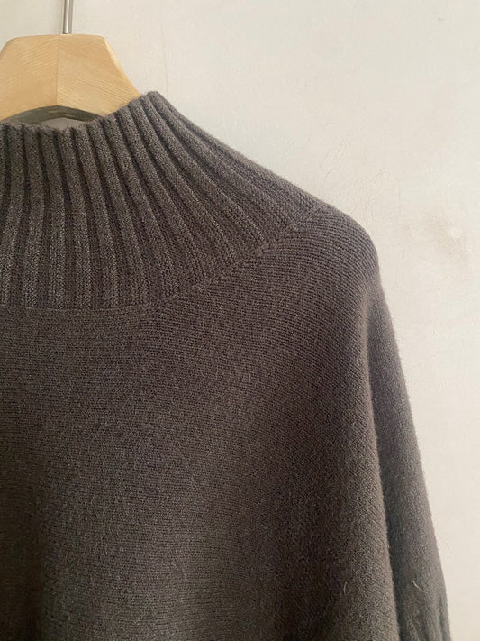 Polo neck h/S rib sleeve knit -Brown-