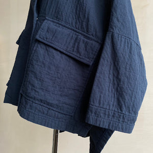 High neck kimono textured cotton Jackets -Navy-