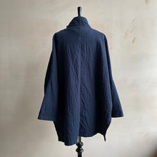 High neck kimono textured cotton Jackets -Navy-
