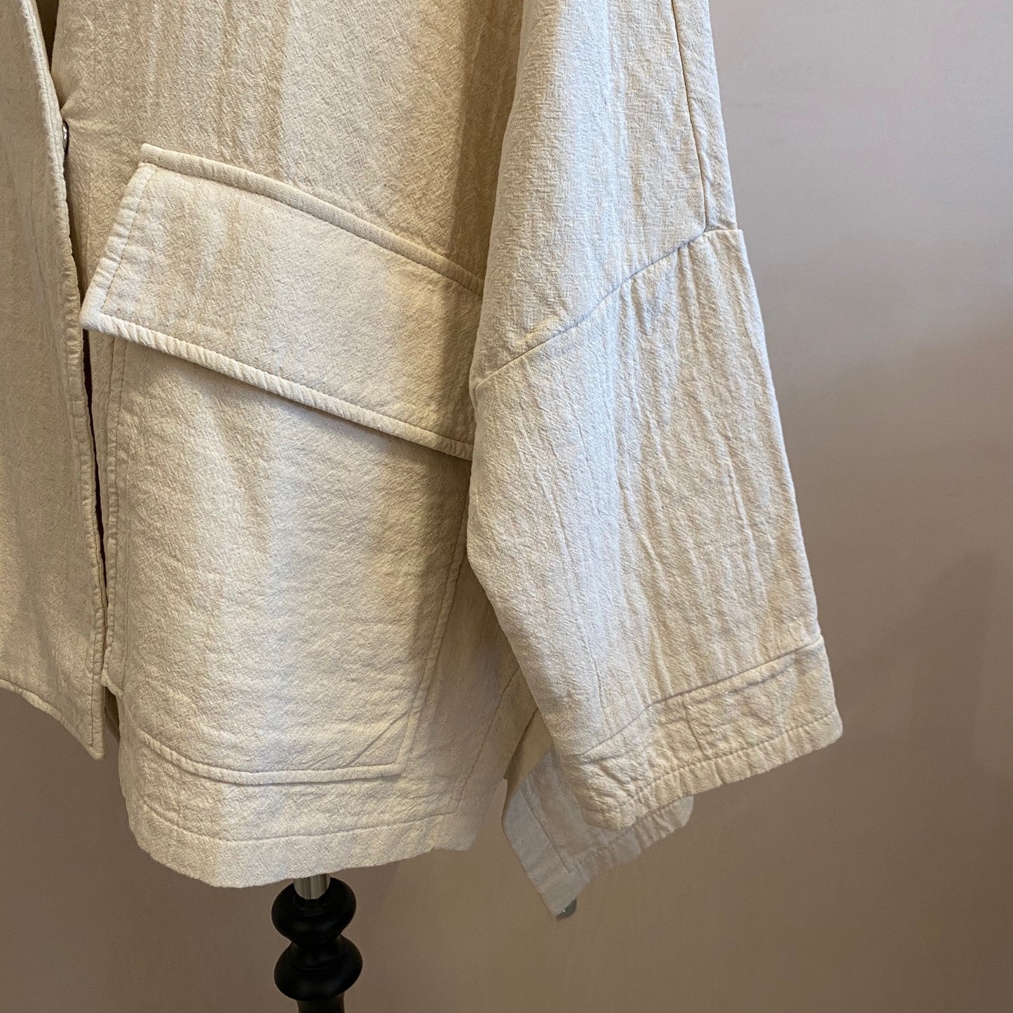 High neck kimono textured cotton Jackets -Ivory-
