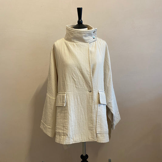 High neck kimono textured cotton Jackets -Ivory-