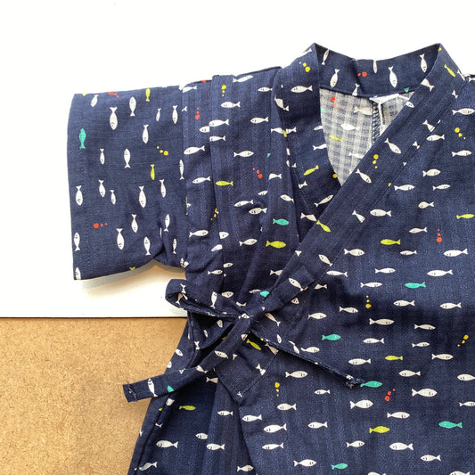Kimono style baby wraparound bodysuit -Fish Navy-