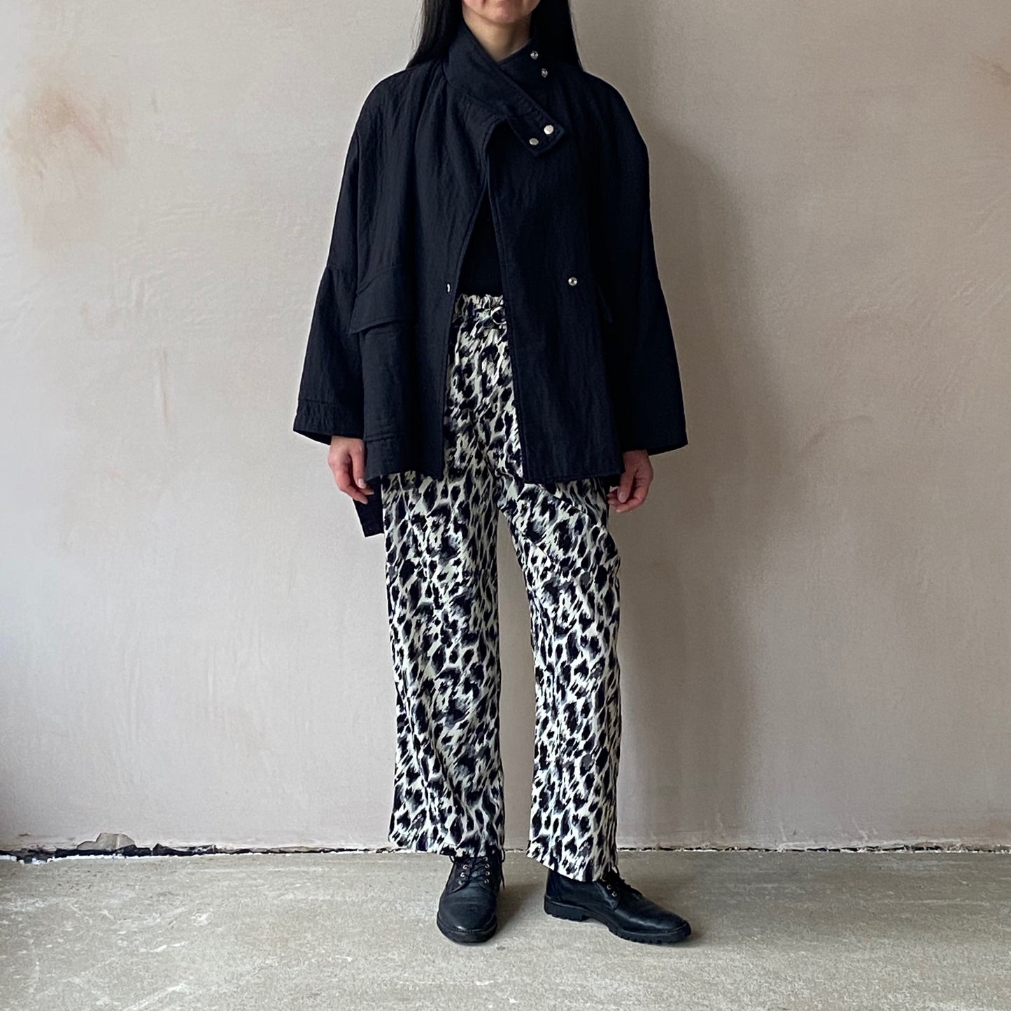 High neck kimono textured cotton Jackets -Black-