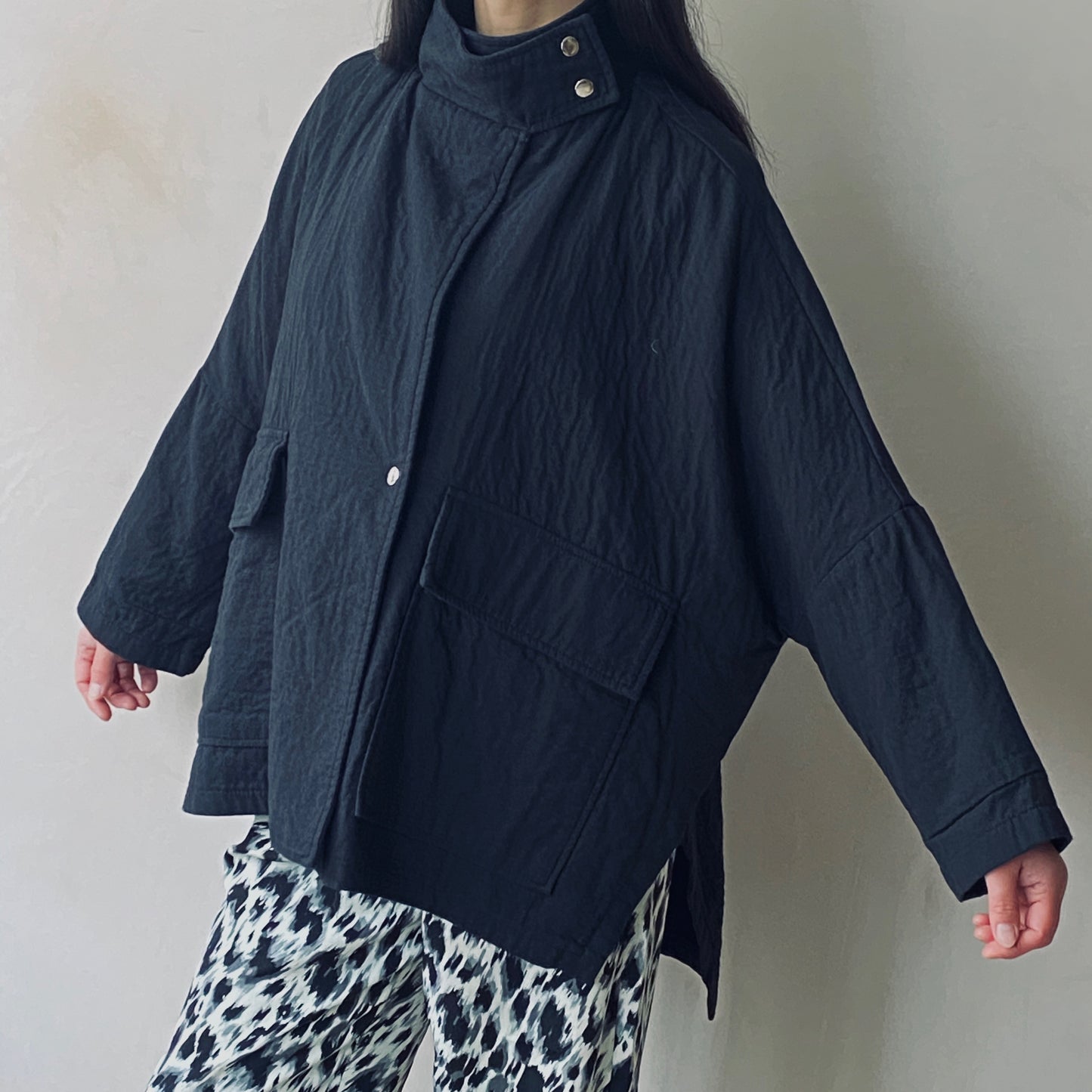 High neck kimono textured cotton Jackets -Black-