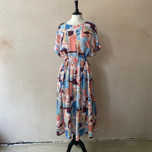 Watercolour paint pattern colourful long dress -Pink-