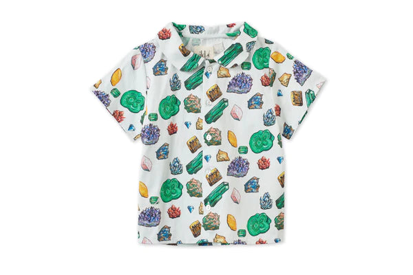 VILD ORGANIC COTTON WOVEN EARTH ROCKS PRINT SS PETER PAN COLLARED SHIRT