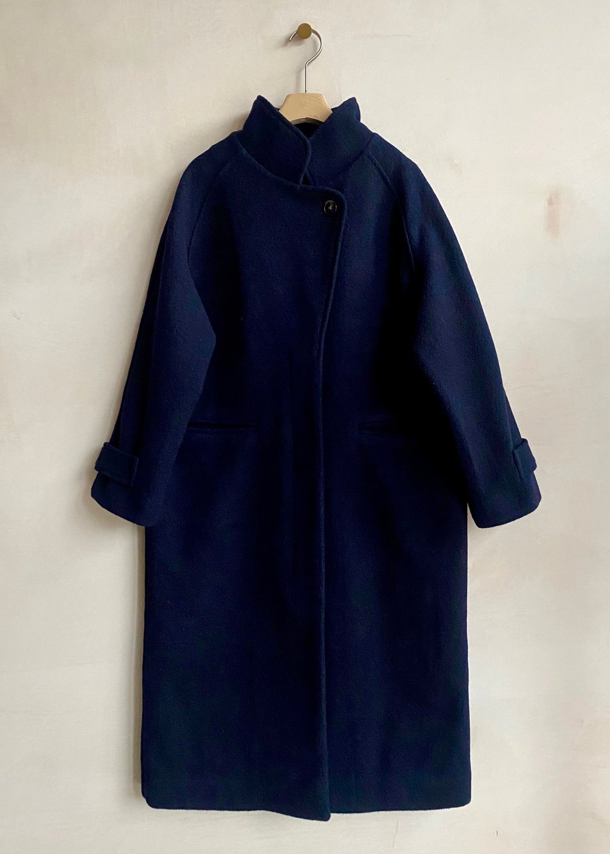 Wool Long coat with one button -Navy-