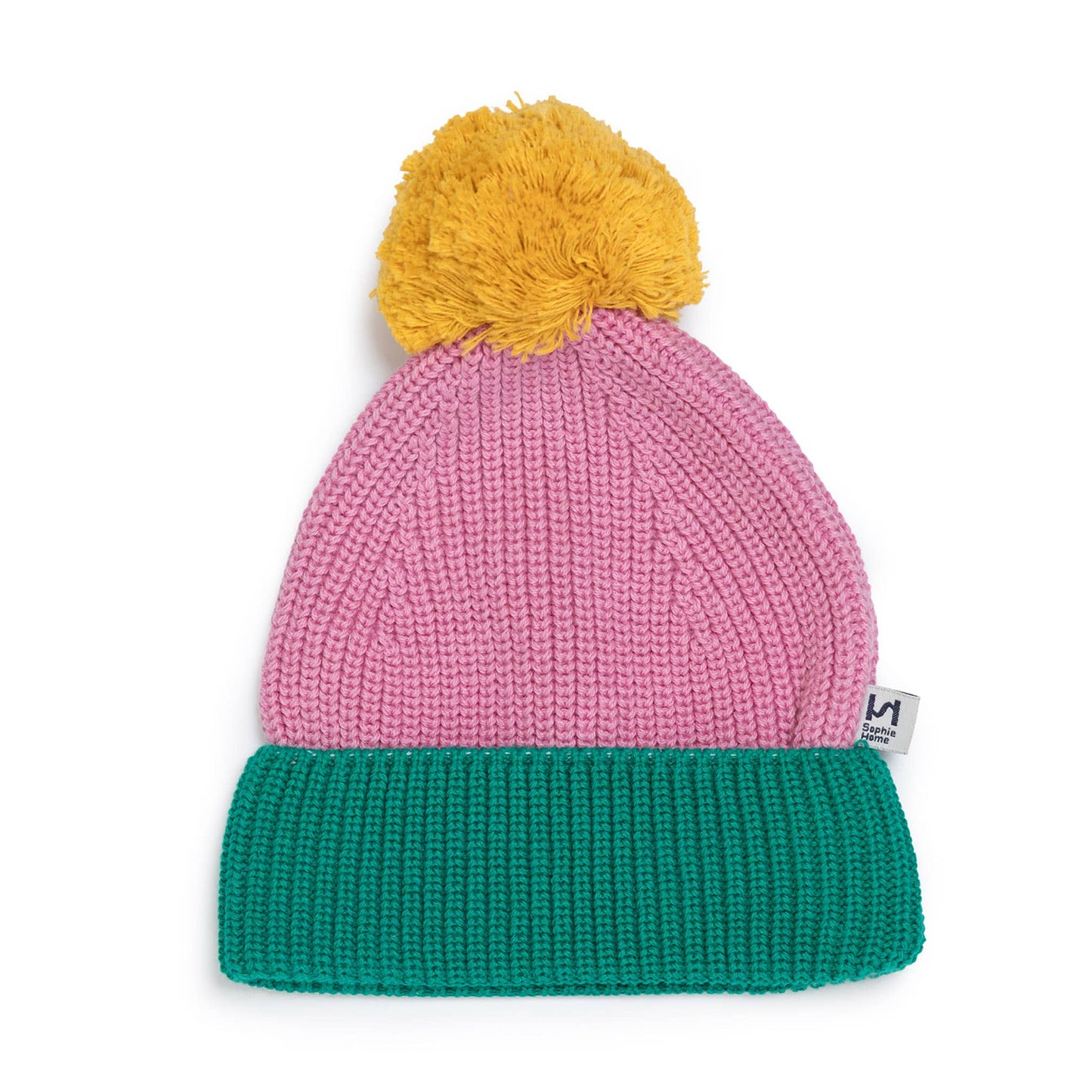 Cotton Knit Baby Bobble Hat: Green & Pink