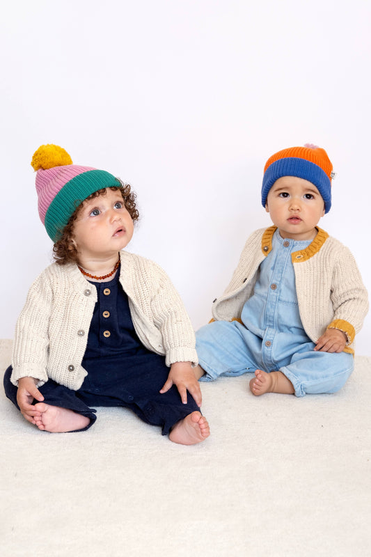 Cotton Knit Baby Bobble Hat: Green & Pink