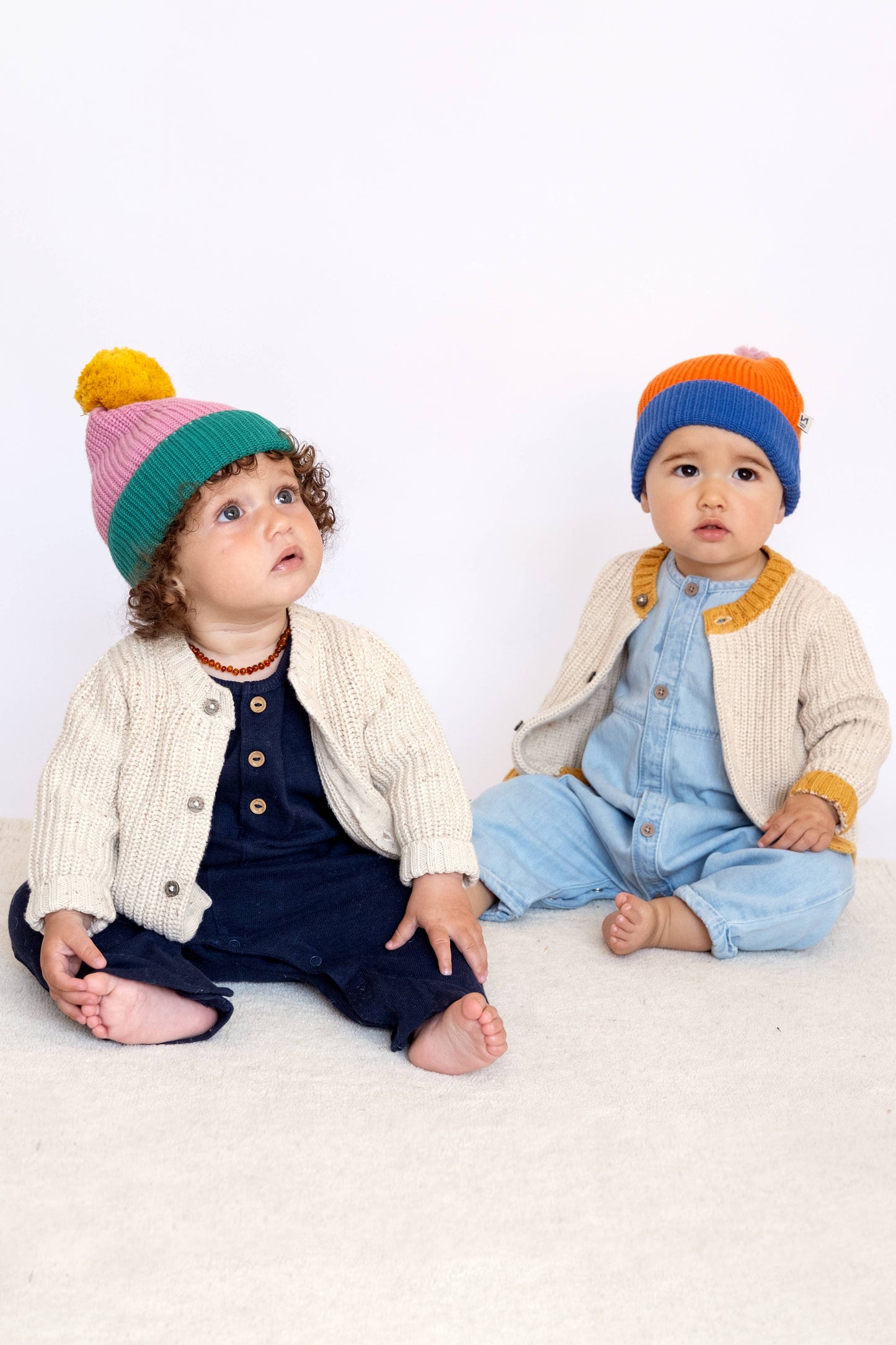 Cotton Knit Baby Bobble Hat:  Orange & Blue