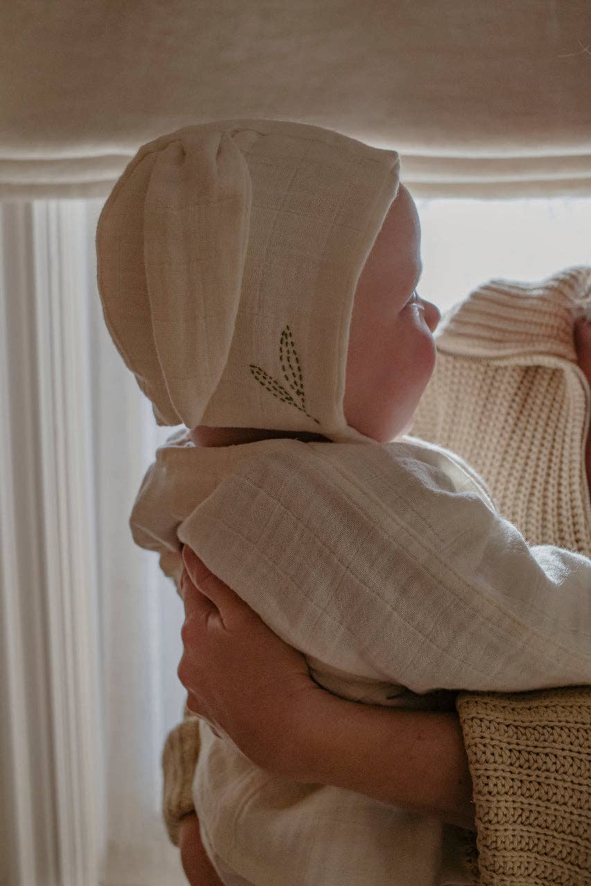 Organic cotton bunny ear bonnet: 6-12