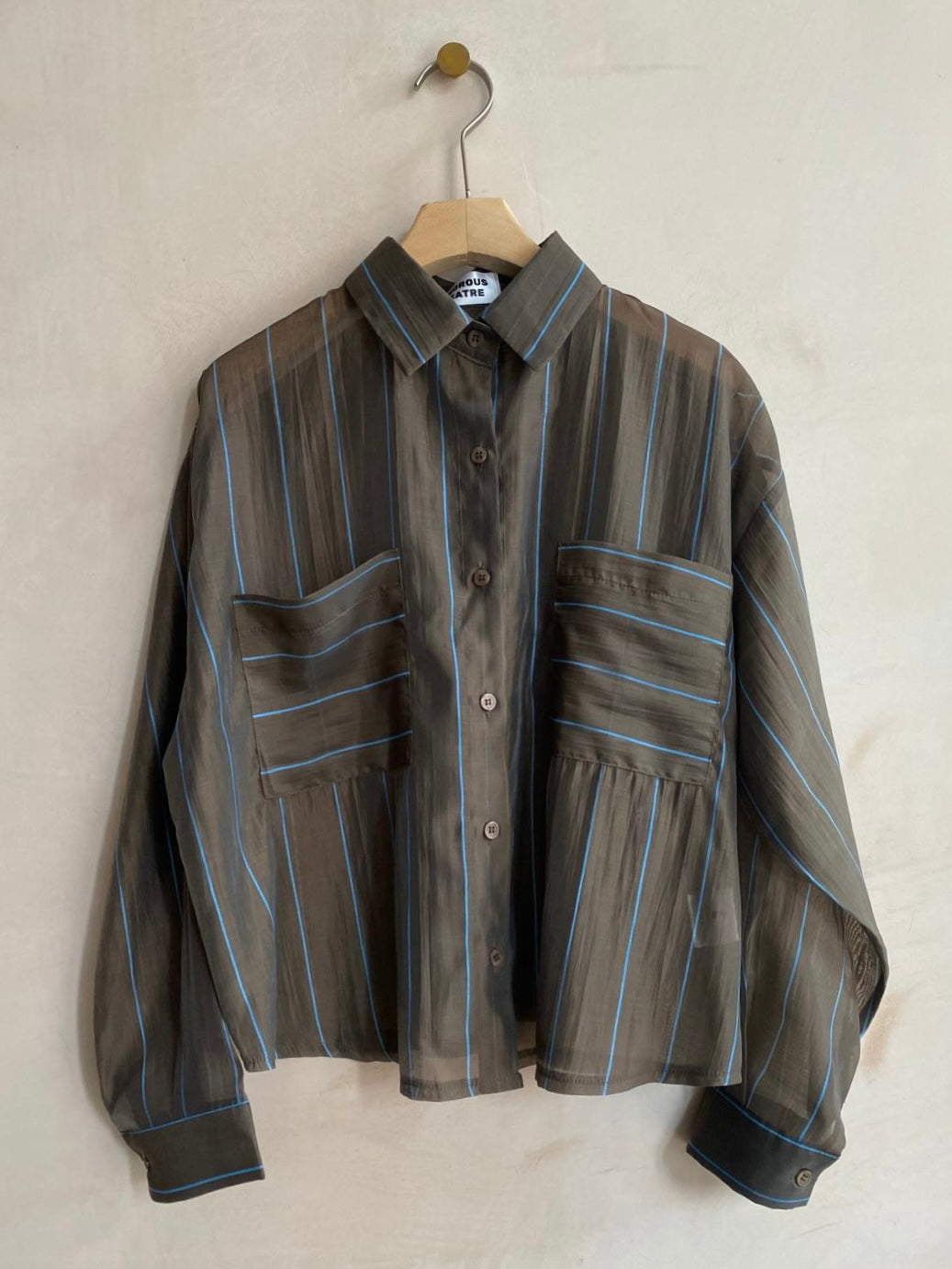 Silk mix vertical stripe shirts -Brown-
