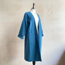 Textured cotton open long coat -Blue-