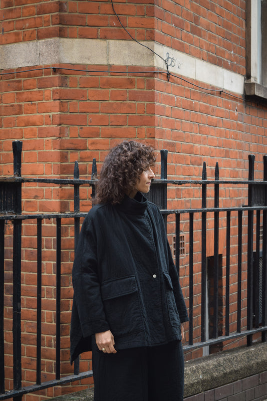 High neck kimono textured cotton Jackets -Black-