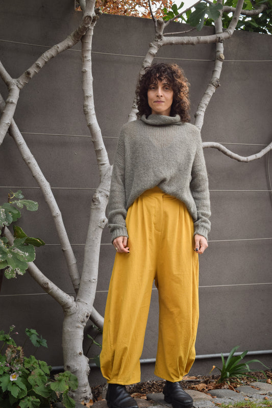 Washed Cotton Barrel Leg Trousers in Yellow