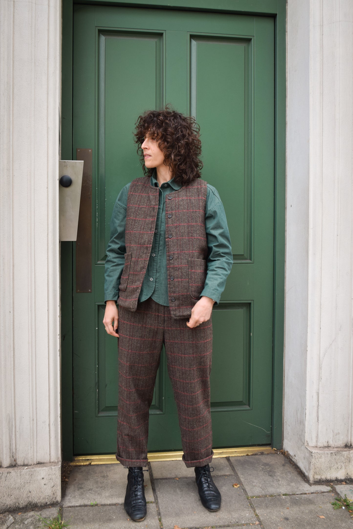 Check wool trousers -Brown-