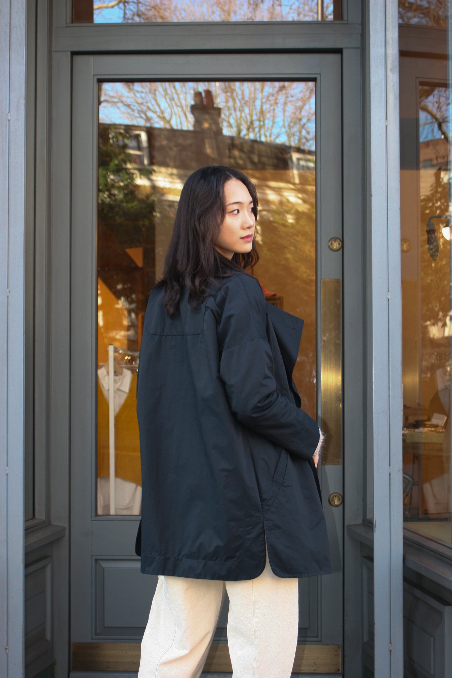 Double breasted folded sleeve shower proof Jacket -Black-