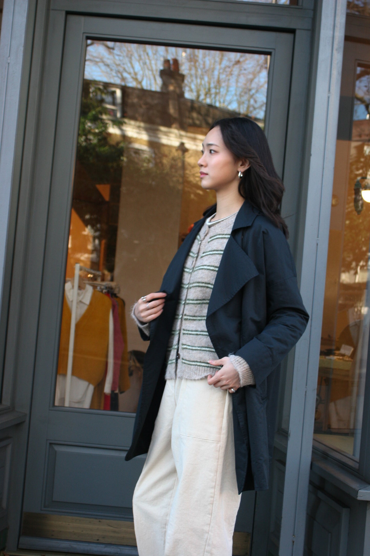 Double breasted folded sleeve shower proof Jacket -Black-