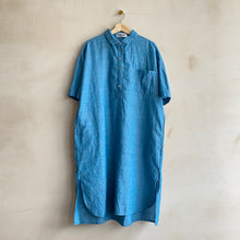 Front button Linen cotton shirts dress -Blue-