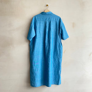 Front button Linen cotton shirts dress -Blue-