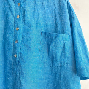 Front button Linen cotton shirts dress -Blue-