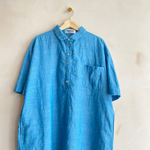 Front button Linen cotton shirts dress -Blue-