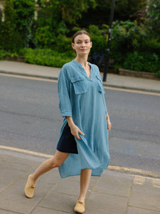 Double front pockets linen dress -BLUE-