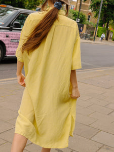 Front button Linen cotton shirts dress -Yellow-