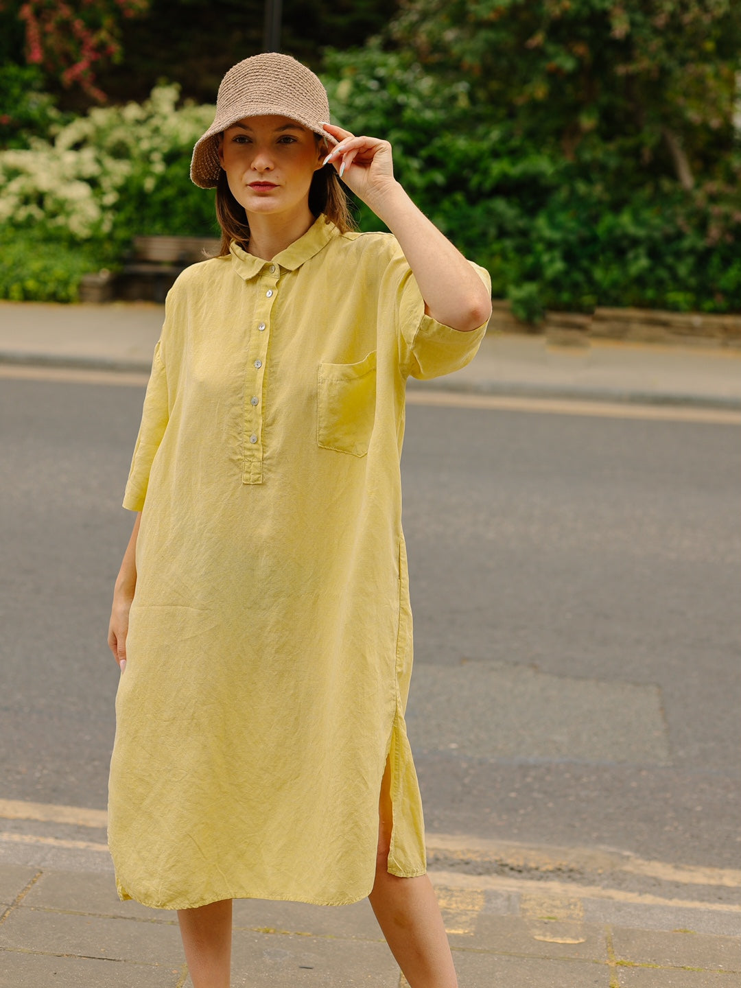 Front button Linen cotton shirts dress -Yellow-