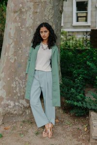 Textured cotton Long coat -Green-