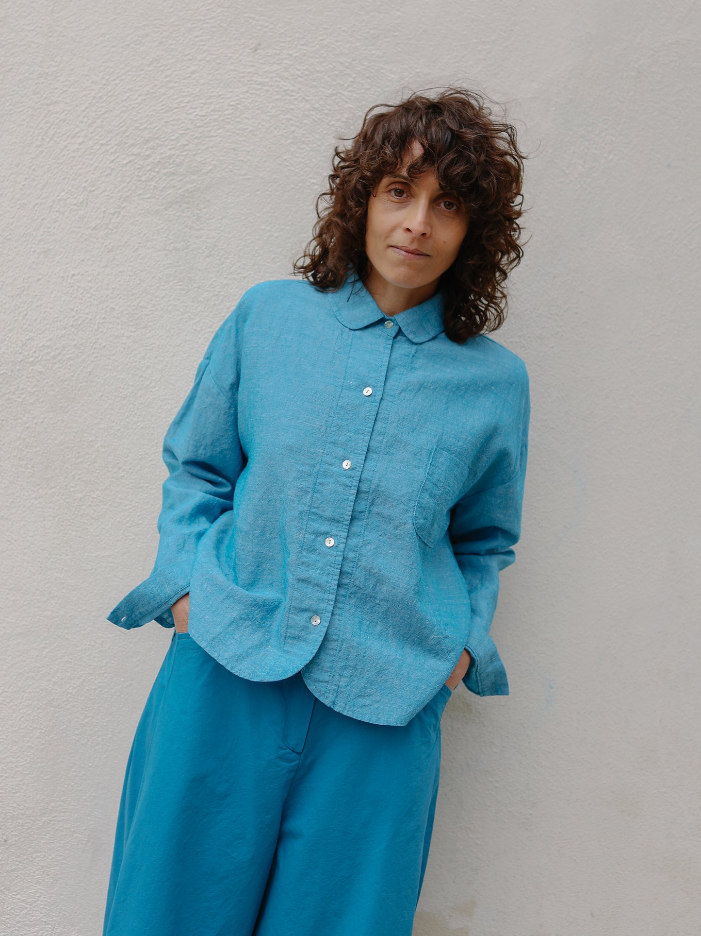Cotton linen colour Shirt Jacket -Blue-