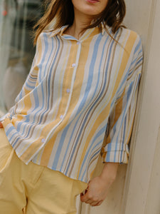 Cotton vertical multi stripe shirts -Blue-